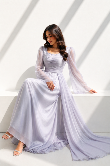 Silver Organza Party Dress – Elegant Occasion Dress – UAE Boutique