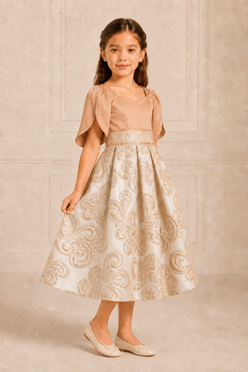 Golden Caramel Satin & Jacquard Dress | Custom Made