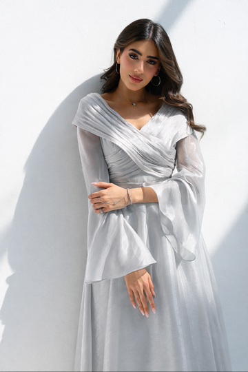 Grey Elegant Organza Evening Gown – Tailored for You | La Mode Patchouli