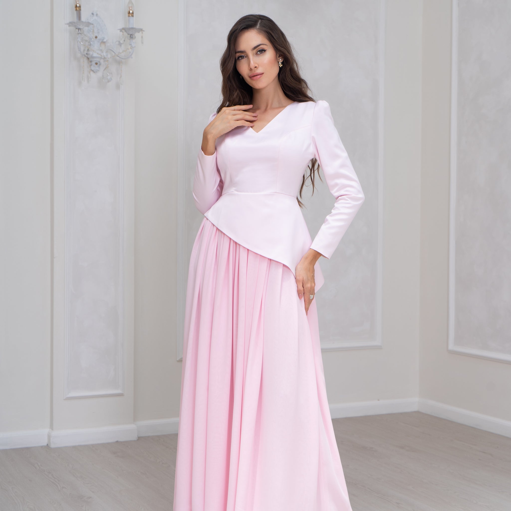 Celeste Glow Satin & Chiffon Evening Dress