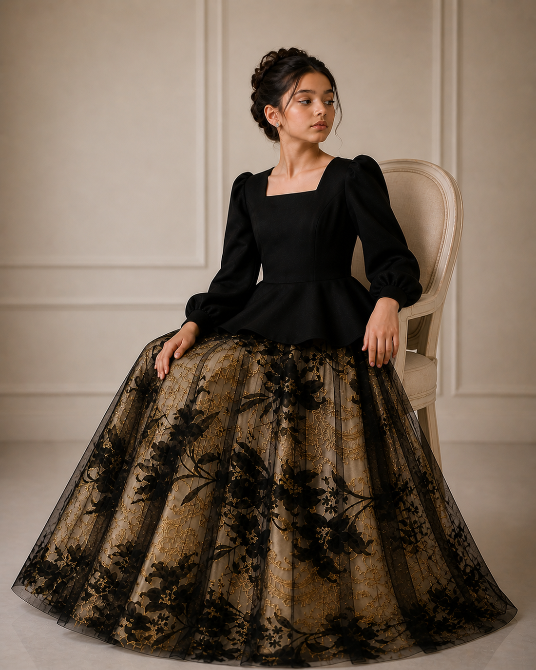 Midnight Elegance Black Crepe Jacquard Dress– Occasion Dress – UAE Boutique