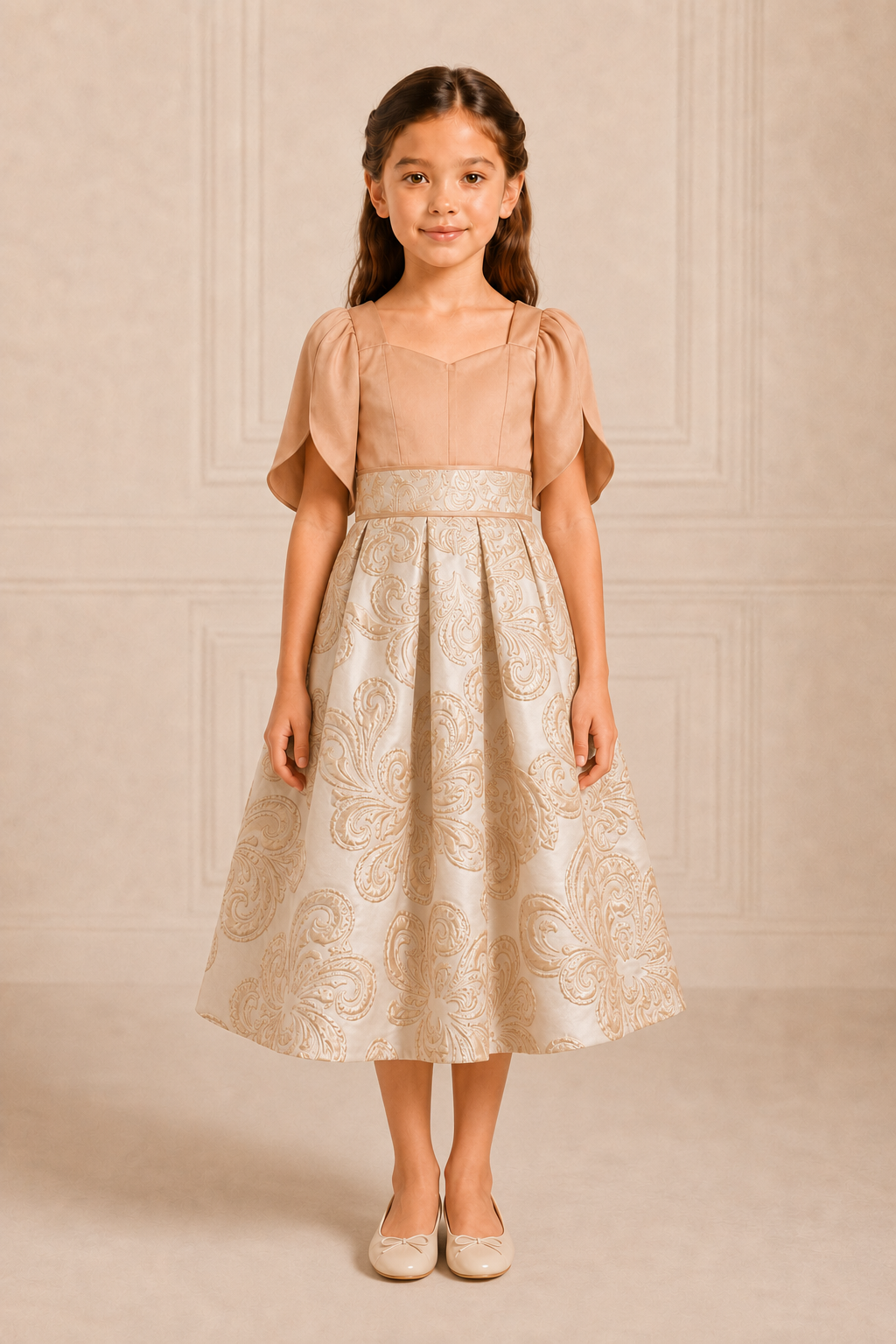 Golden Caramel Satin & Jacquard Dress | Custom Made