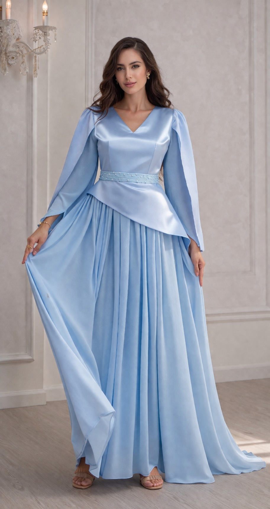 Azure Blossom Floral Party Dress – Elegant Occasion Dress – UAE long sleeves