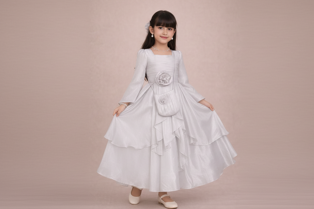 Silver Ruffle Organza Party Dress – Elegant Occasion Dress – UAE