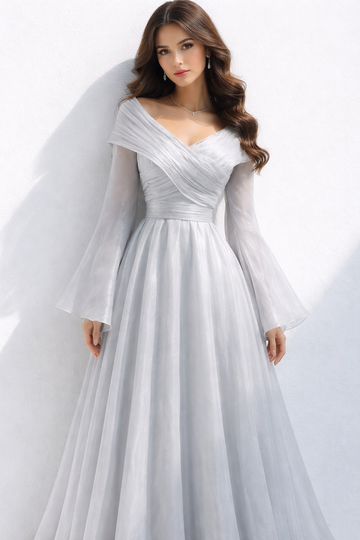 Grey Organza Evening Gown – Elegant Tailored Occasion Dress – UAE
