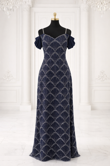 Midnight Deco Off-Shoulder Gown