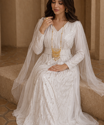 White Crystal Bridal Jalabiya – Luxury Emirati Wedding Dress – Abu Dhabi UAE