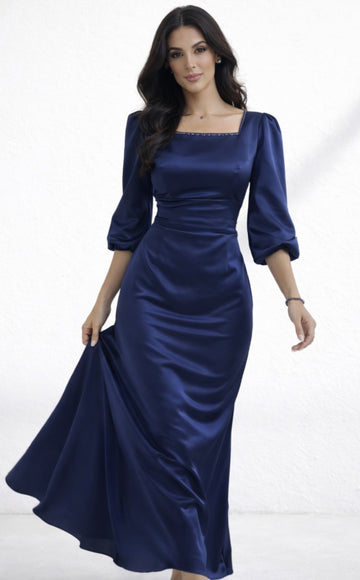 Navy Bridal Silk Evening Dress – Elegant Wedding Occasion Dress – UAE