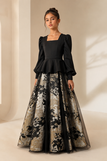 Noir Royale Elegance Black Crepe Jacquard Dress– Occasion Dress – UAE Boutique