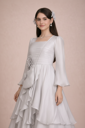 Silver Ruffle Organza Party Dress – Elegant Occasion Dress – UAE
