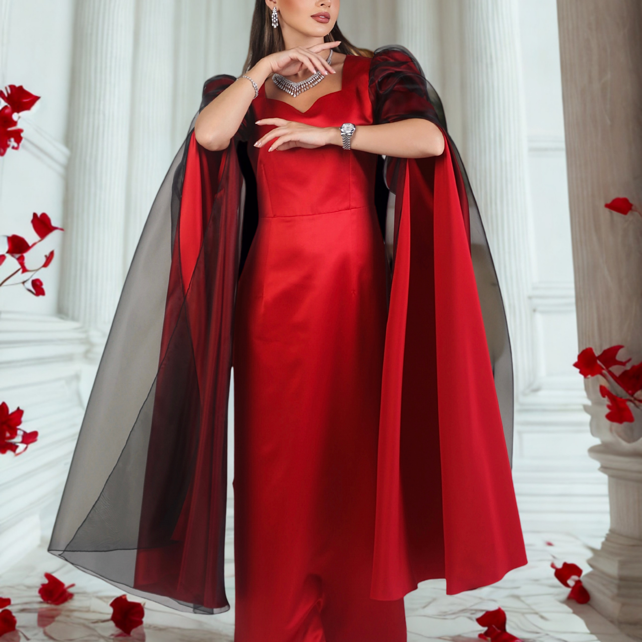 elegant crimson dress Crimson Cherry Midi Dress Teuta Matoshi