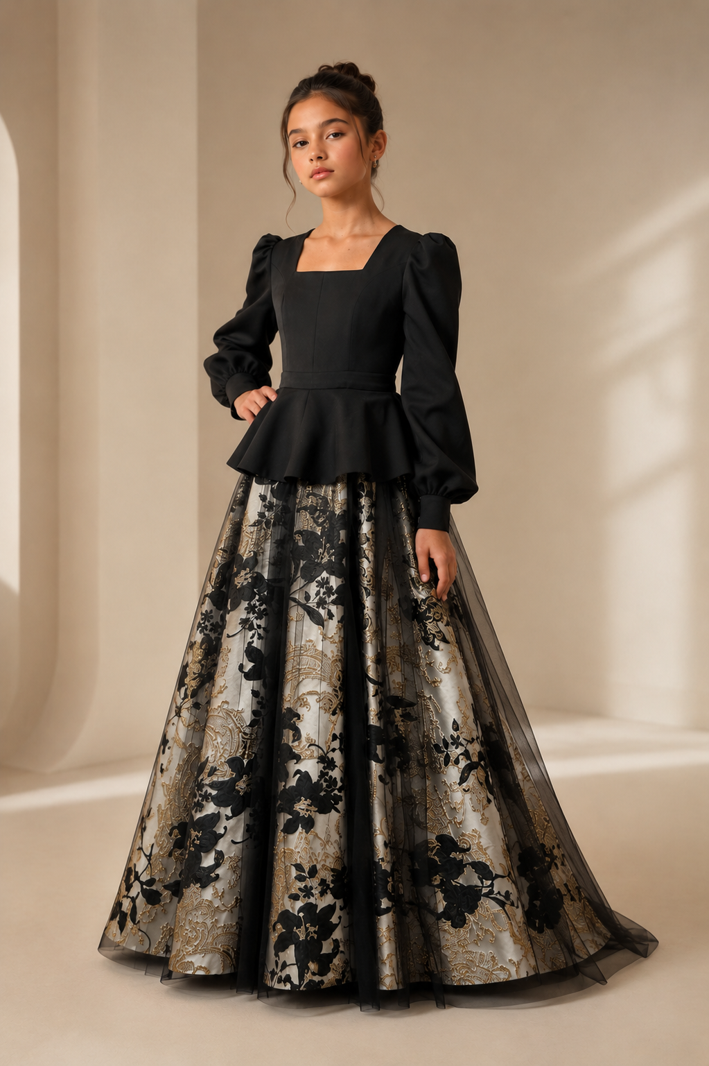 Noir Royale Elegance Black Crepe Jacquard Dress– Occasion Dress – UAE Boutique