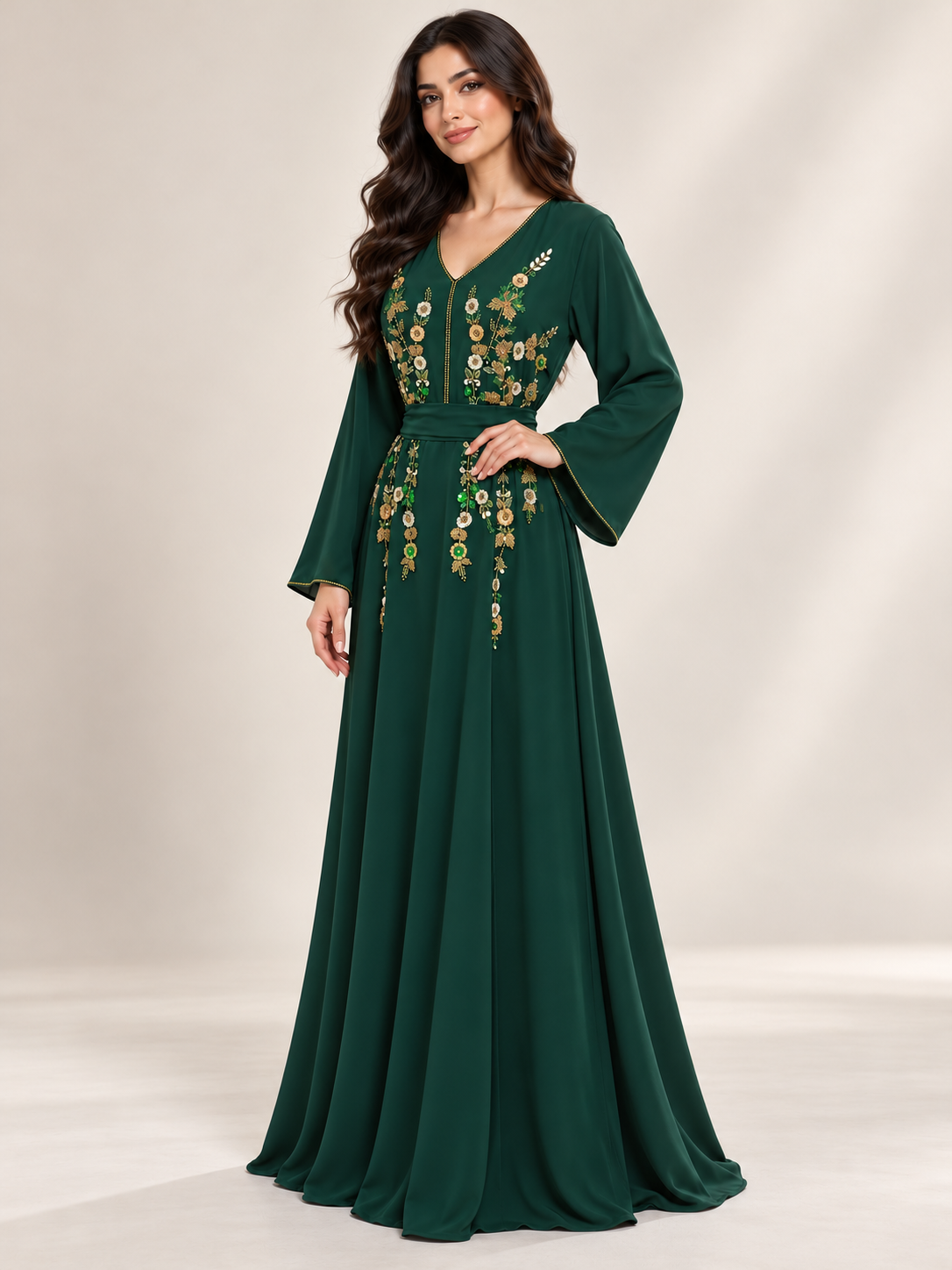 Emerald Bloom Hand-Embroidered Chiffon Jalabiya Custom Made